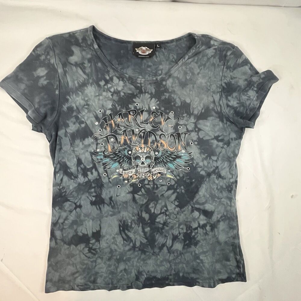 Vintage Y2K Harley Davidson Tie Dye T Shirt Womens L Blue Short Sleeve Made USA